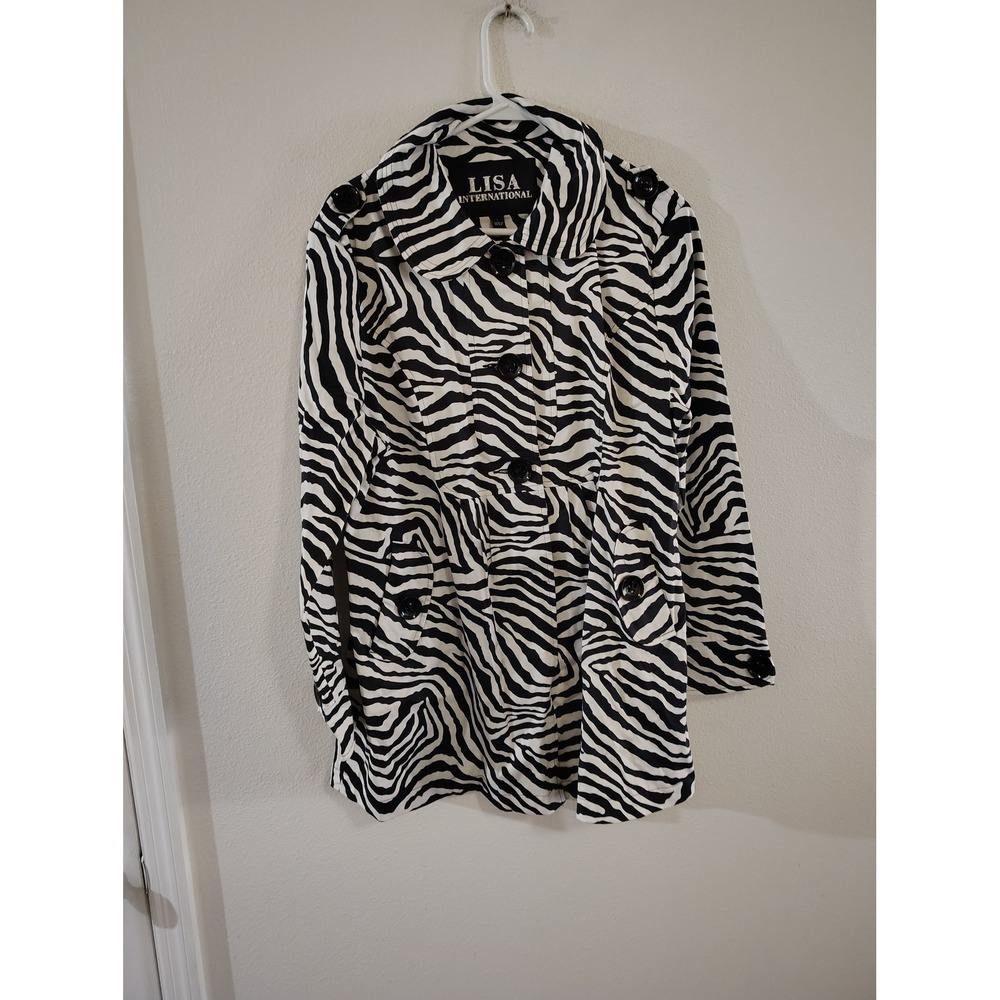 Lisa International Zebra Print Trench Coat Womens Large Black White Animal Print